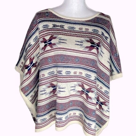 Hannah Wm’s Sz Med Ivory Burgundy Navy Striped Aztec Poncho Sweater - Picture 1 of 4